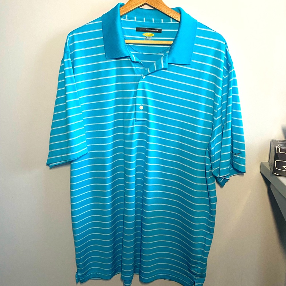 Greg Norman blue striped polo XLT